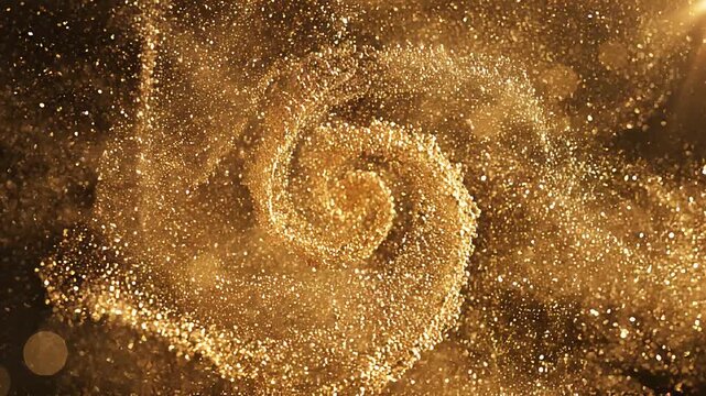 Shimmering particles are flying in a swirling golden pattern.