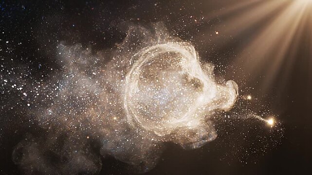 A shimmering celestial body with flying particles radiates light.