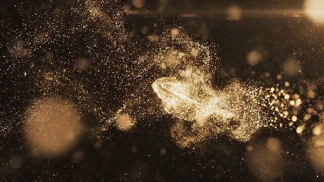 Shimmering particles are flying through the dark space with lights