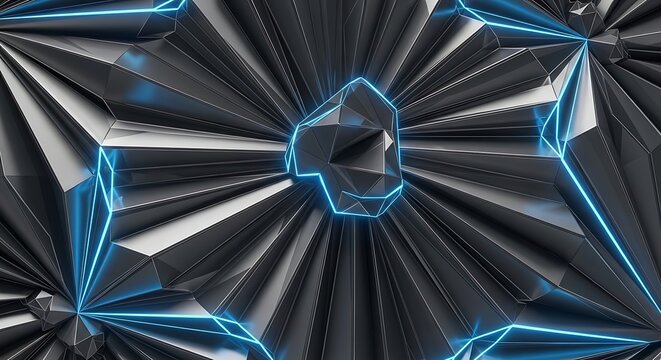 Blue futuristic geometric light rays radiating from a central point
