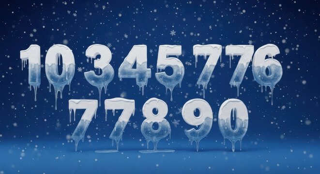 Icy Numbers 10345776 and 77890 Against Snowy Blue Background.