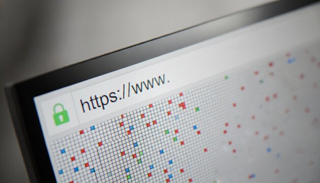 A close-up view of a computer browser address bar showing a secure https connection with a green lock icon over a grid pattern background.
