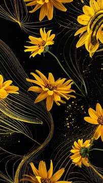 A vibrant floral design featuring bright yellow flowers on a black background