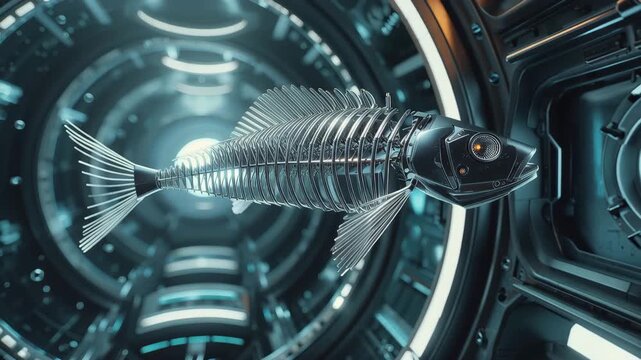 宇宙ステーションの水球を漂うスケルトンロボット魚、SFコンセプト3DCG