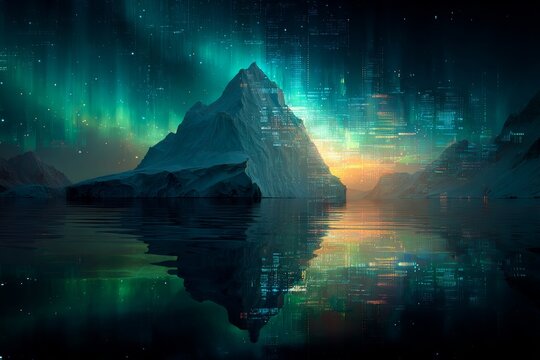 Nature's canvas: icebergs reflecting the aurora in northern landscapes. Big data. A majestic iceberg illuminated by vivid northern lights in a greenland fjord. Financial charts.