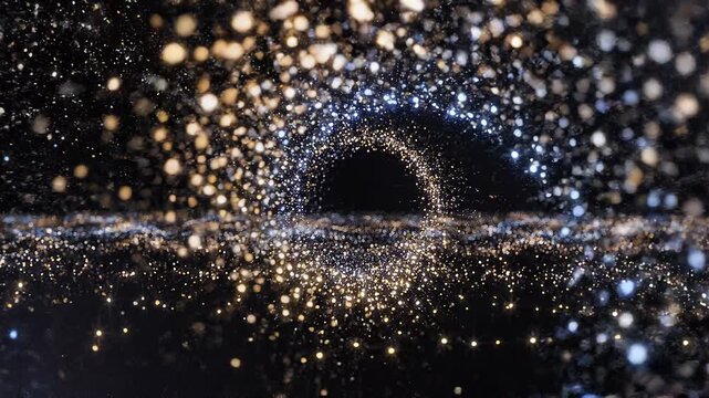 Shimmering particles flying through a dark tunnel create a mesmerizing abstract scene.