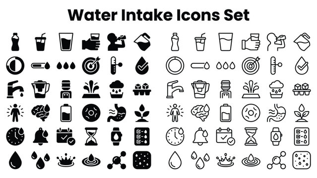 Water intake icons set for healthy hydration and wellness symbols