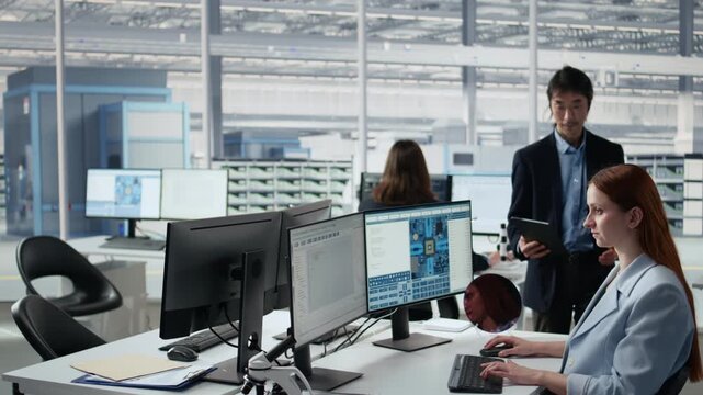 Senior manager and woman examining microchip circuit layouts on computer in factory R&D office.