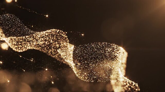 Shimmering particles flying through a dark space with golden light