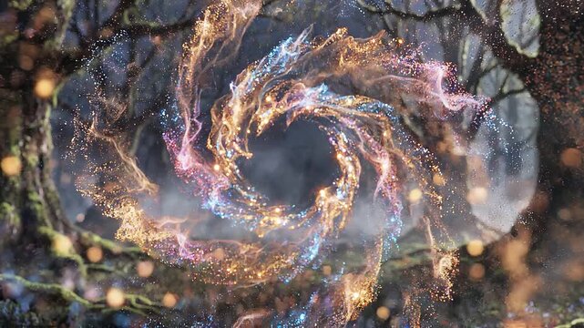 Shimmering particles swirl flying through a mystical forest with glowing plants and trees.