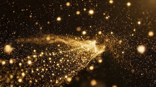 Shimmering particles are flying through space with sparkling lights.