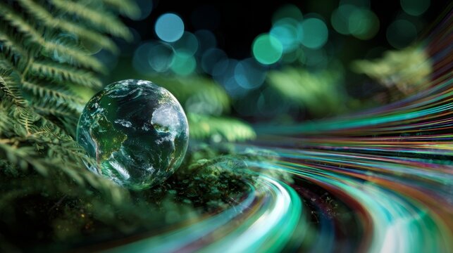 The striking beauty of a fragile planet tucked among forest ferns. Wireless data. Crystal earth lying serenely on forest soil with nature embrace. Fiber optics. Digital signals.
