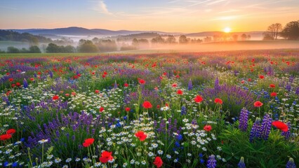 Obraz premium Wildflower field at sunrise with morning mist.