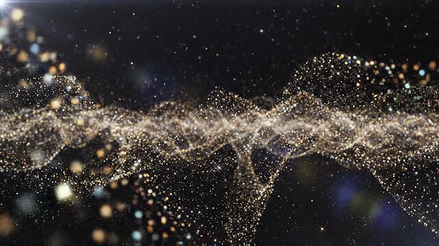 Shimmering particles are flying through space with waves of light.