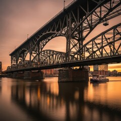 Naklejka premium Historic Steel Truss Bridge Over Calm River at Sunset.
