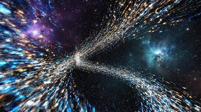 Shimmering particles flying through space create a mesmerizing display of colorful lights and energy.
