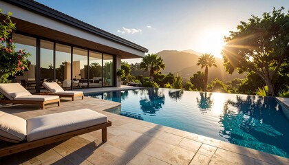 Fototapeta premium Modern Villa Poolside Relaxation at Sunset