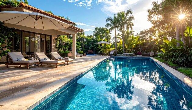 Luxury Villa Poolside Relaxation with Sunlight and Tropical Garden
