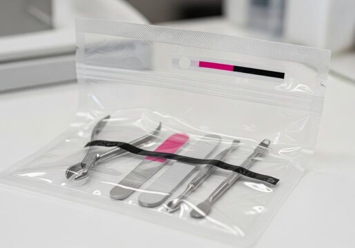 Sterilized manicure instrument kit in sealed plastic pouch. Professional metal tools for nail care and pedicure maintenance. Sanitation and hygiene medical supply in beauty salon.