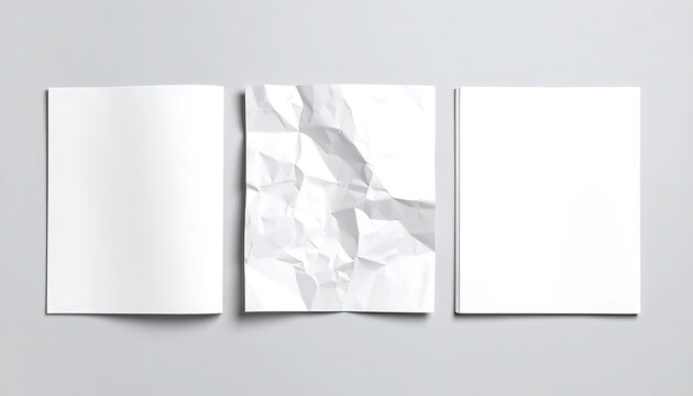 isolated set of three A4 paper sheets including two smooth and one crumpled page for documents