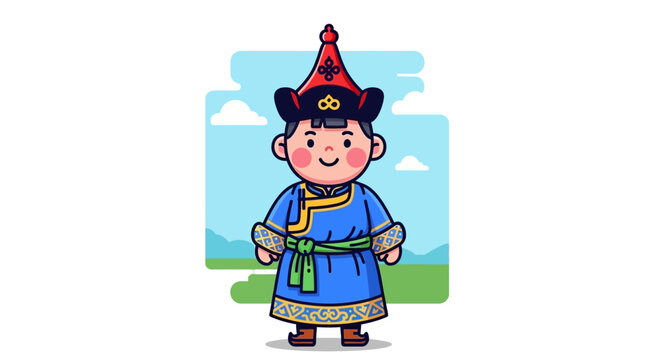 Cute Mongolian Boy in Traditional Deel Clothing Cartoon