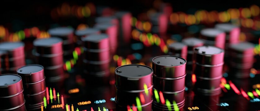 The stirring giant: global risks in energy markets and commodity trade. Crypto investment. Oil barrels in storage: subtle light and arrangement shift the scene. Market volatility.