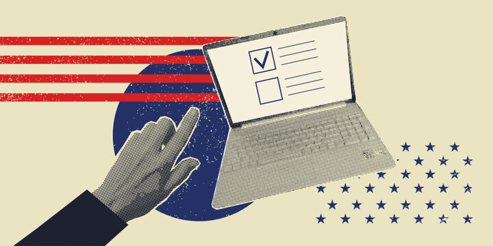 Woman hand uses laptop with online ballot form. Halftone collage banner in retro style. Digital voting and election participation concept. Trendy vintage vector illustration
