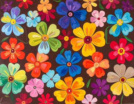 A vibrant floral pattern featuring numerous colorful flowers on a brown background