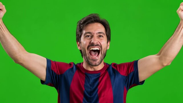 Jubilant Man in Soccer Jersey Cheers Victory, Raising Arms in Triumph on Green Screen