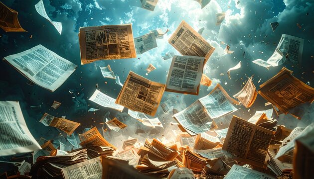 Flying Newspaper Pages in Sunlit Sky with Clouds