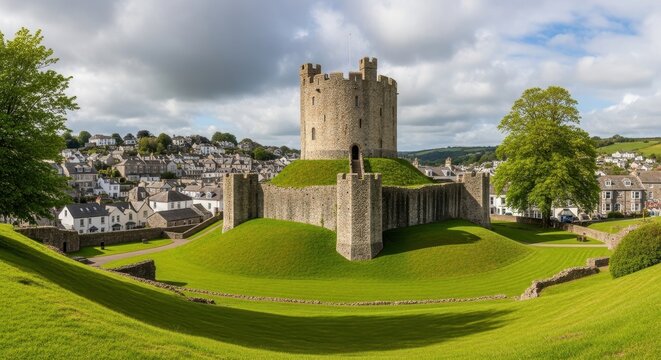 Historic Castle Fortress on Green Hilltop with Town Below.