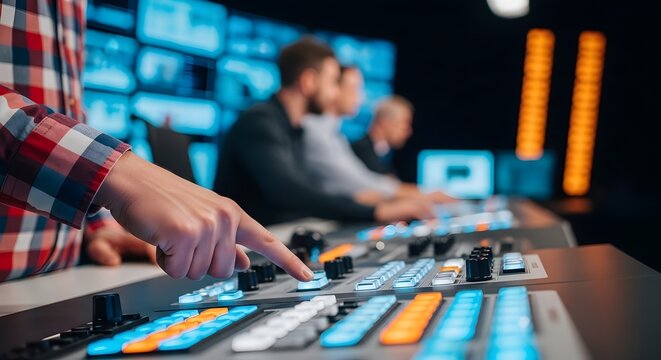Professional broadcast technician pressing glowing buttons on a modern studio control console during live production