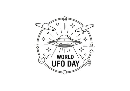 World ufo day logo with flying saucers and planets