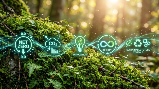 Sustainable future concept with net zero emissions, CO2 reduction, innovation, infinity loop, and recycling symbols overlaid on lush green forest moss and foliage, with soft bokeh sunlight filtering