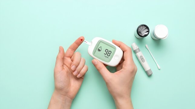 Person checking blood glucose levels with a digital monitor on a light mint green background surface
