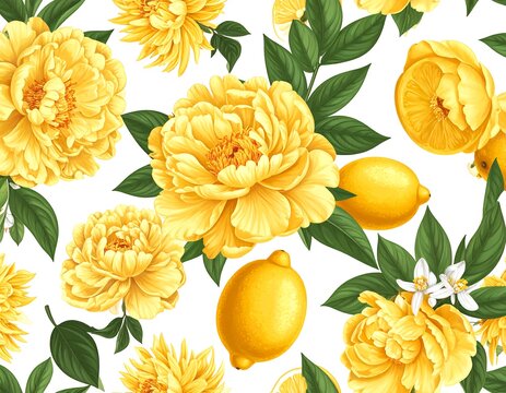 A vibrant floral pattern featuring yellow flowers, lemons, and green leaves on a white background
