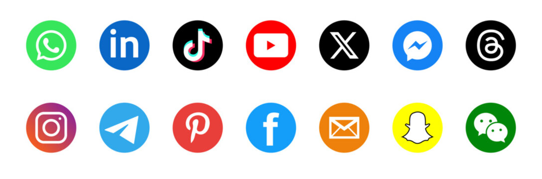 Social Media Platform Logo Icon Set &mdash; WhatsApp, LinkedIn, TikTok, YouTube, X, Messenger, Threads, Instagram, Telegram, Pinterest, Facebook, Snapchat, WeChat Editorial Illustration