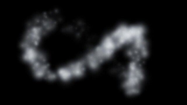 Abstract white smoke trail forming an ethereal S shape on a dark black background, glowing stardust and vapor cloud effect