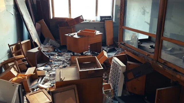 Abandoned Soviet Laboratory with Shattered Glass Cabinet and Chemical Reagents | Urbex Interior Low Angle Camera Move with Push In
