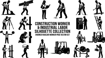 Naklejka premium Construction Worker and Industrial Labor Silhouette Collection, Engineer Builder Worker Pose Vector Set
