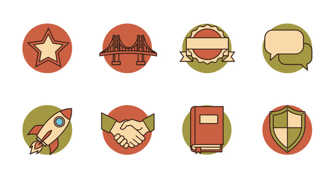 Set of round icons star bridge badge speech bubble rocket handshake book shield