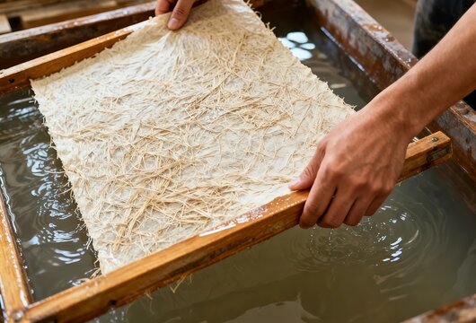 First person view of hands lifting a freshly made handmade paper sheet from a water frame, showcasing traditional papermaking craftsmanship and sustainable creative production.