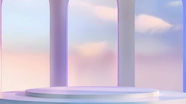 Empty podium with cloud background. Minimalist stand for product display. Showcase platform for marketing presentation. Cylindrical stage in celestial theme design.