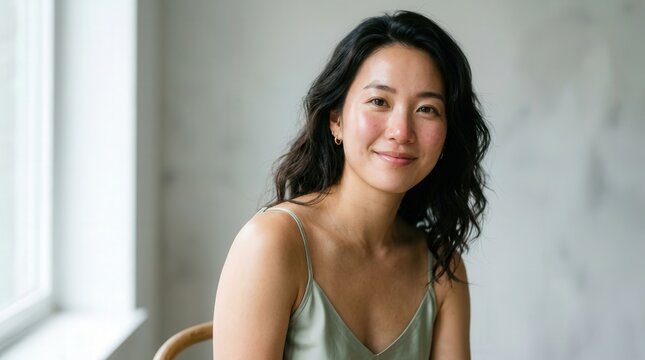 Beautiful asian woman with radiant natural skin smiling for skincare and wellness beauty concept