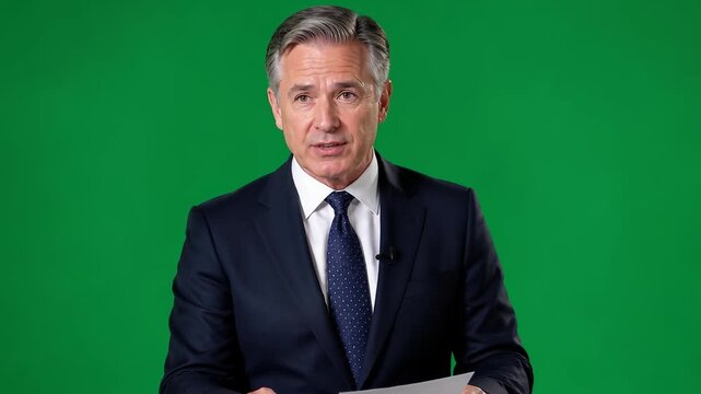 Professional News Anchor Reporting Live from Studio Set with Green Screen Background, Presenting Information with Confidence