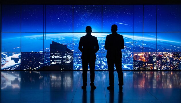 Two Business Men Viewing Global Earth Display in Control Room