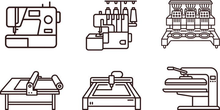 Set of textile manufacturing and crafting machines outline vector icons for garment production fashion industry and DIY projects