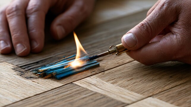 Professional Man Heating Hard Wax to Repair Cracks, Scratches, Dents
