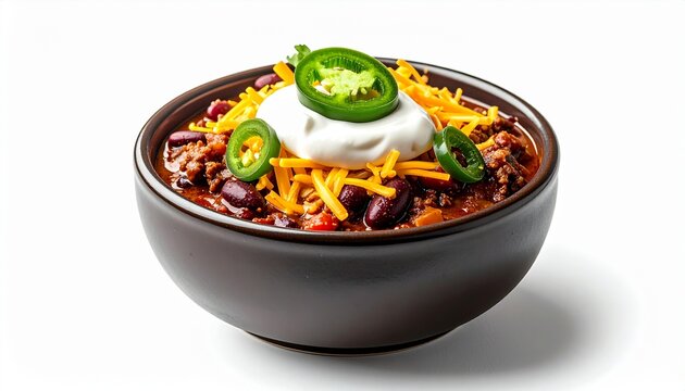 hot spicy beef chili con carne topped with sour cream and jalapenos