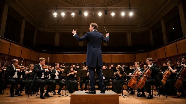 Professional male conductor leading a large symphony orchestra on stage with bright warm stage lighting